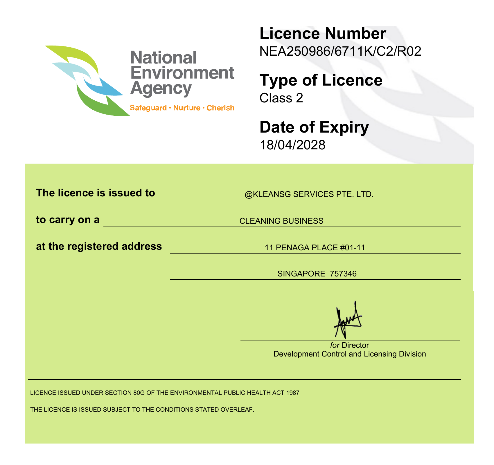 Privacy-clean preview of KleanSG NEA Class 2 Cleaning Business Licence showing licence number and expiry date