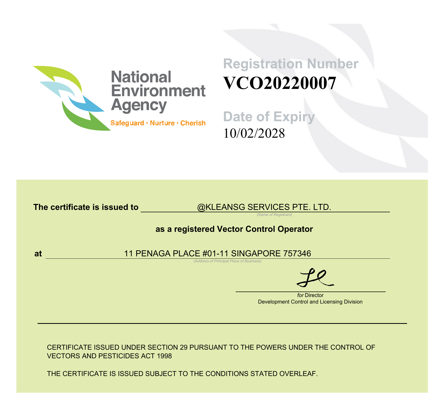 Privacy-clean preview of KleanSG NEA Vector Control Operator certificate showing registration number and expiry date