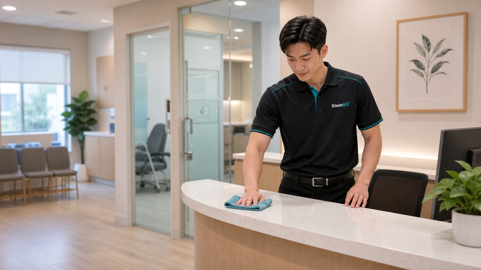 KleanSG cleaner wiping a clinic reception counter in Singapore