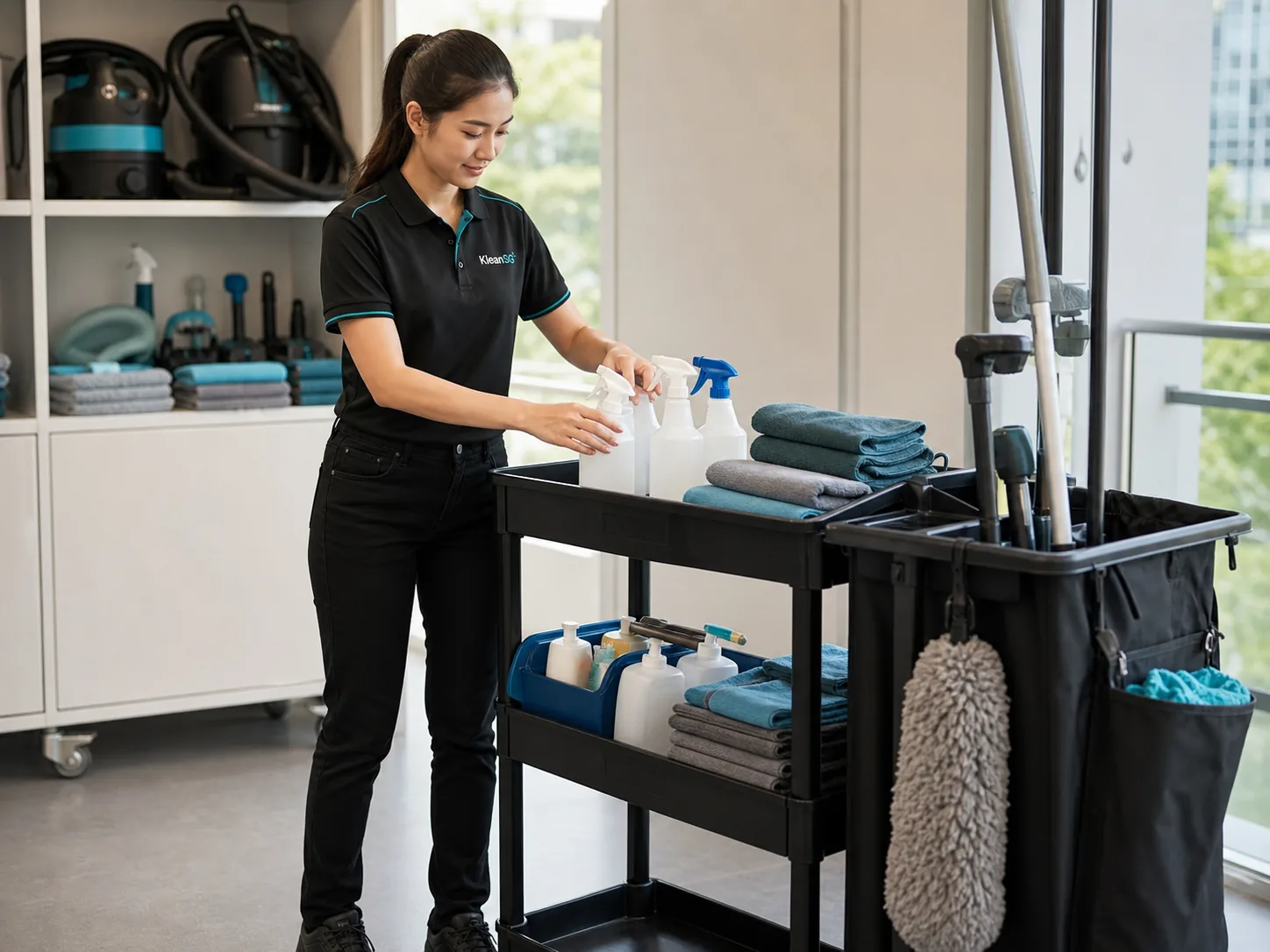 KleanSG cleaner checking cleaning equipment before service in Singapore