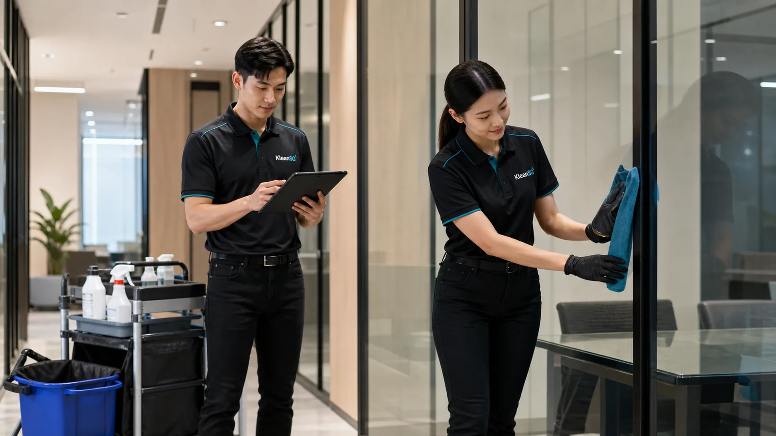 KleanSG team carrying out a cleaning quality check in Singapore