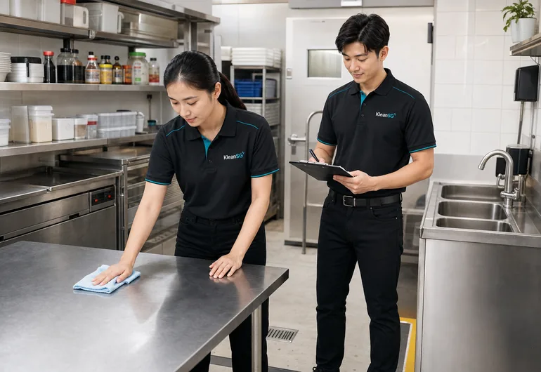 KleanSG team preparing a clean F&B kitchen for hygiene and licensing readiness in Singapore