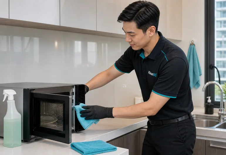 KleanSG cleaner wiping a microwave and kitchen surface during home cleaning in Singapore