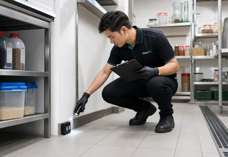 KleanSG pest control technician inspecting a food service area in Singapore
