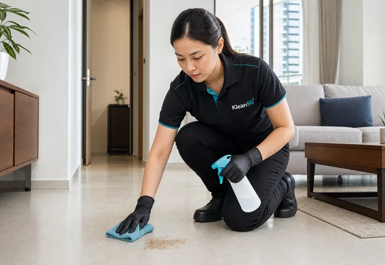 KleanSG cleaner treating a pet stain on a home floor in Singapore