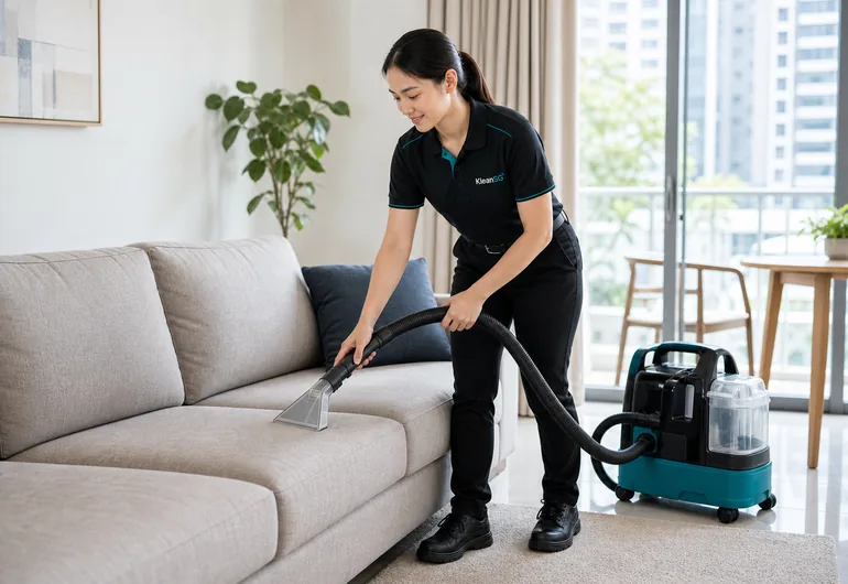 KleanSG cleaner vacuuming a fabric sofa during home cleaning in Singapore