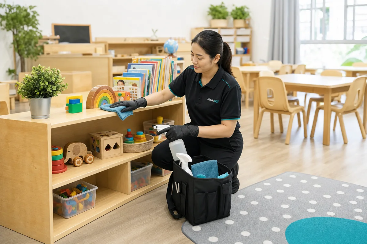 KleanSG cleaner sanitising preschool toy shelves during childcare cleaning in Singapore