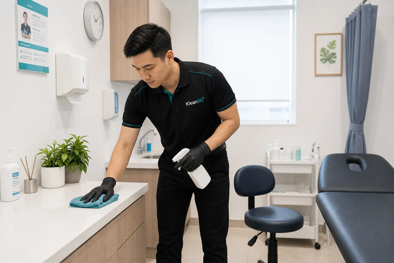 KleanSG cleaner wiping a clinic treatment room surface in Singapore