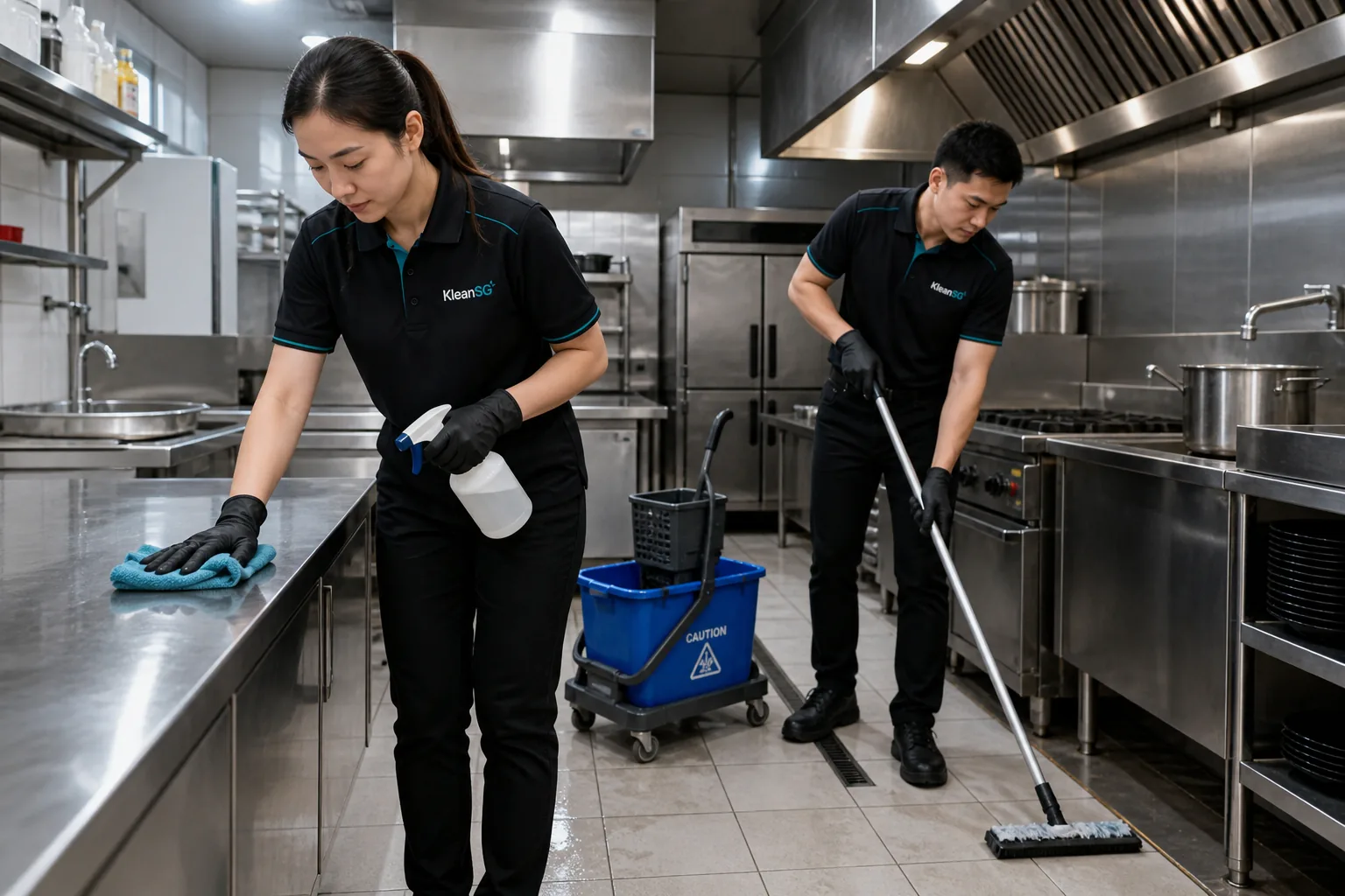 KleanSG cleaners degreasing a commercial kitchen in Singapore