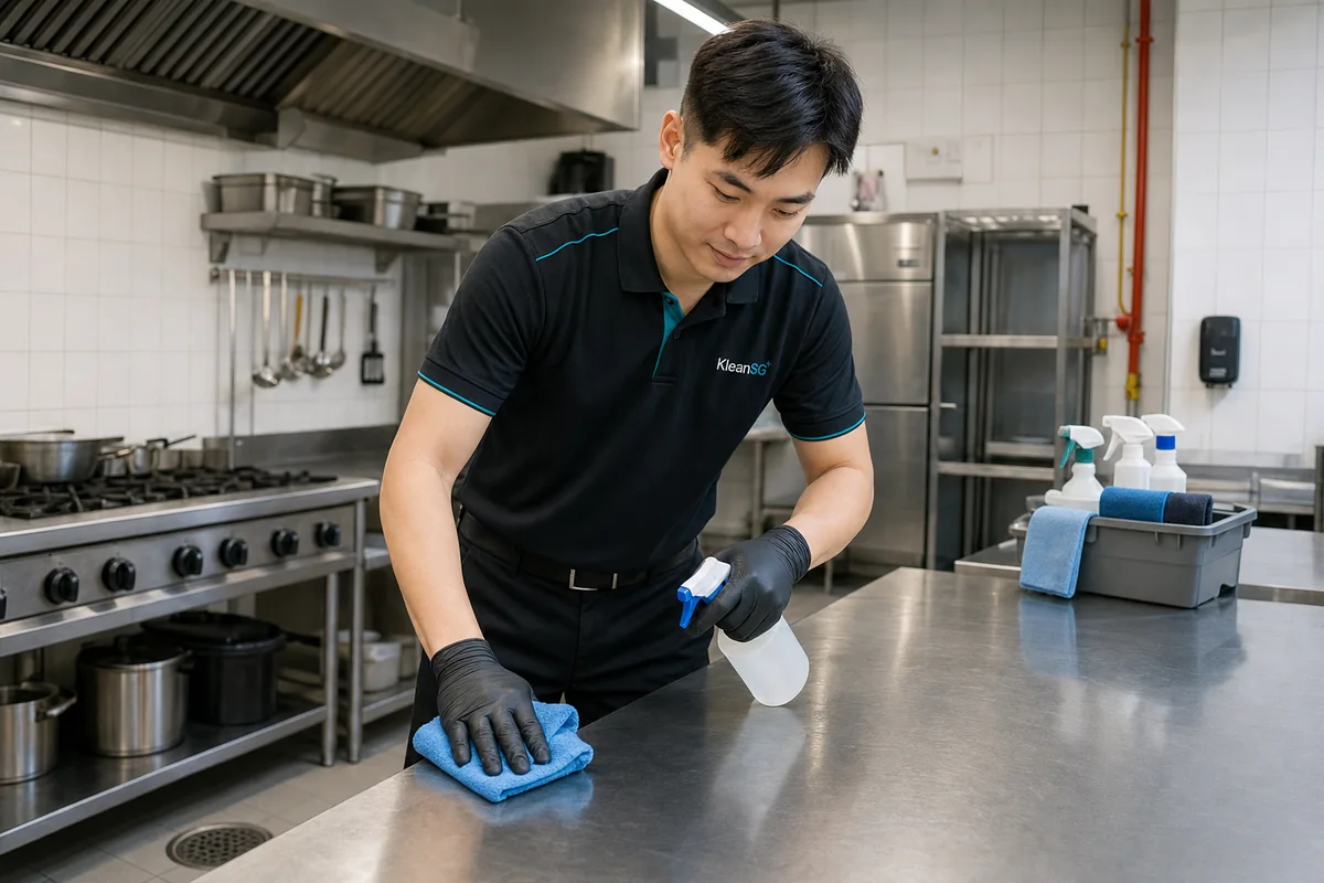 KleanSG cleaner cleaning stainless steel surfaces during commercial kitchen cleaning in Singapore