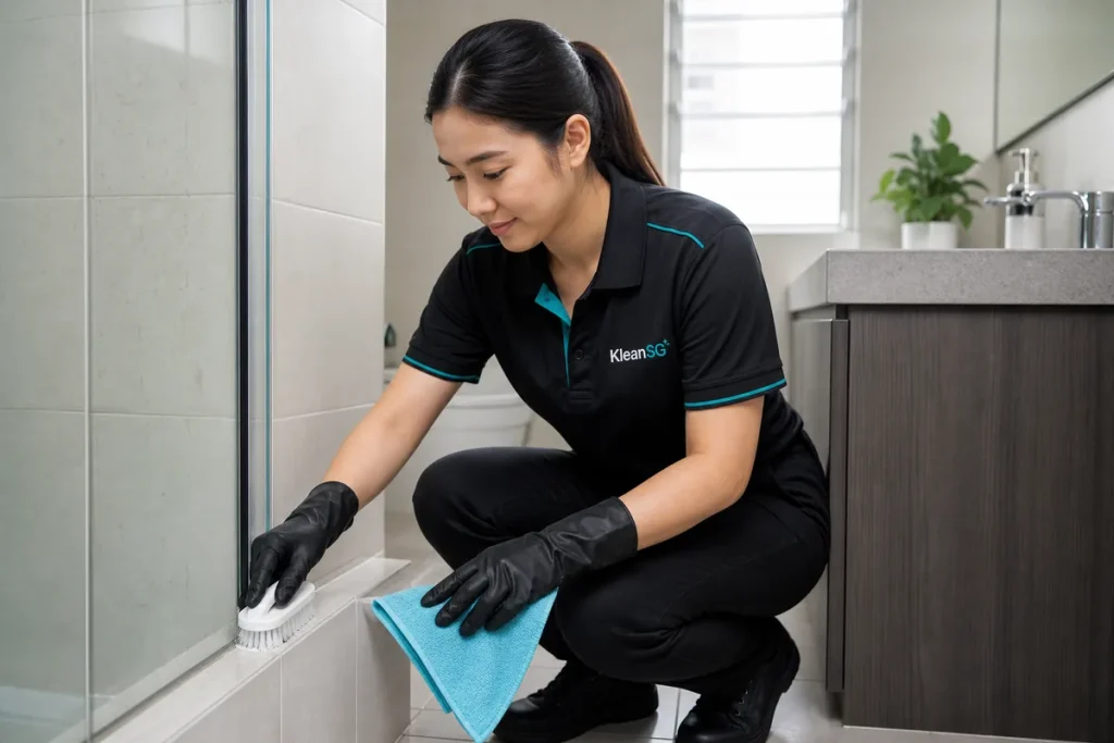 KleanSG cleaner scrubbing bathroom grout during deep cleaning in Singapore