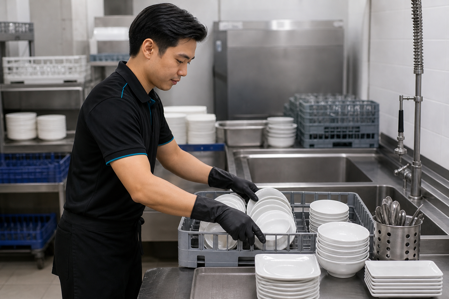 KleanSG staff sorting clean dishes for dishwashing support in Singapore