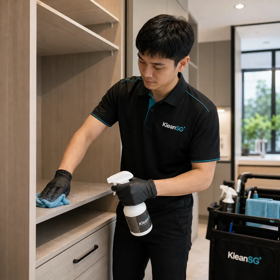 KleanSG cleaner wiping fine renovation dust from cabinet interiors