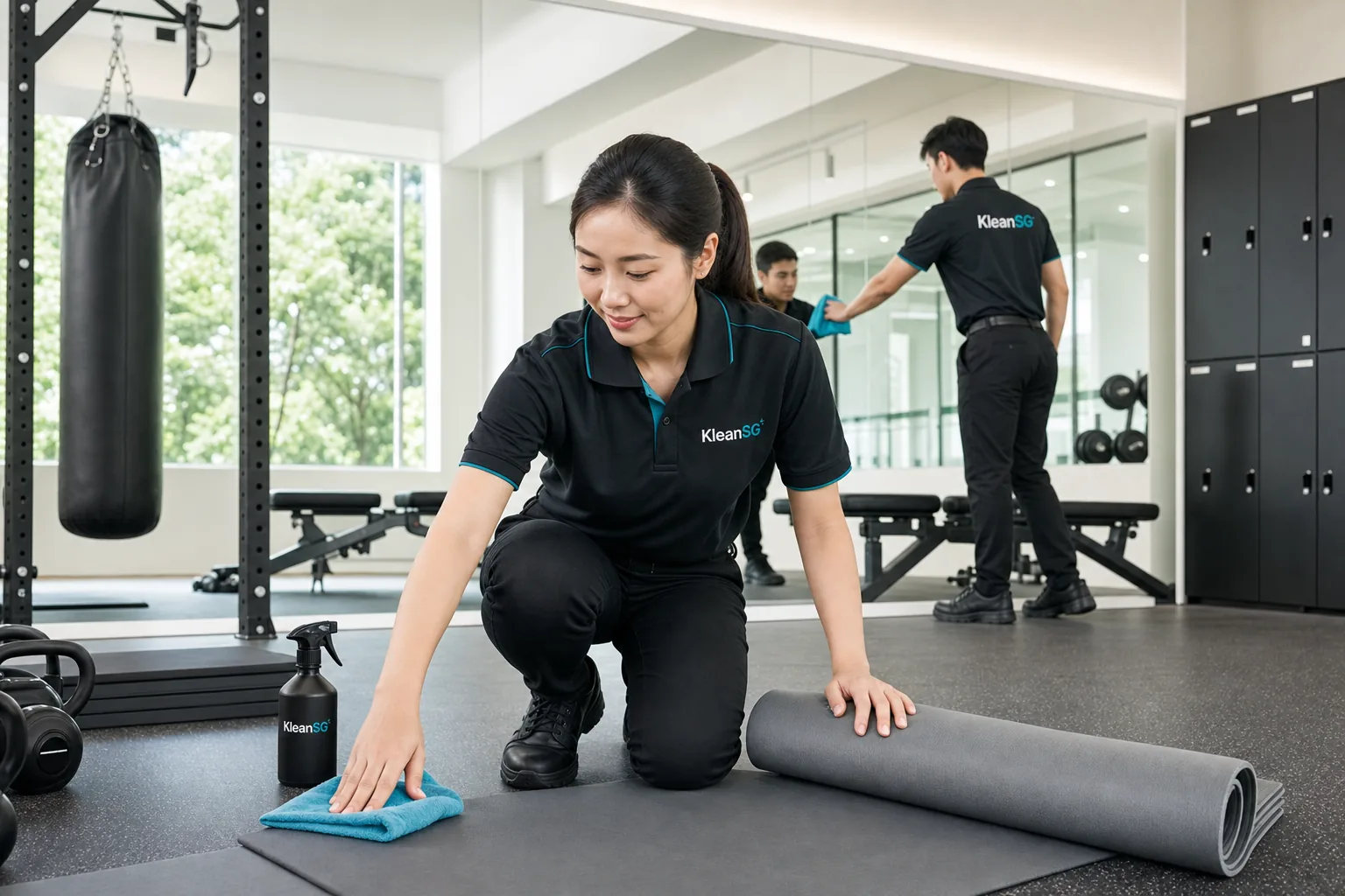 KleanSG cleaners cleaning yoga mats and mirrors in a Singapore fitness studio