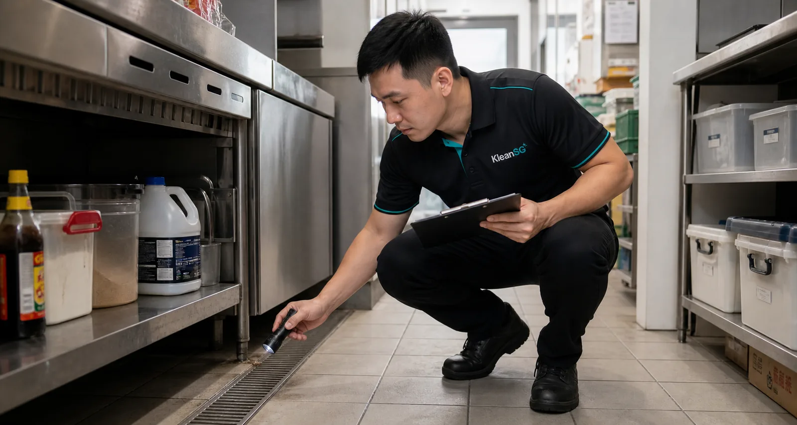 KleanSG staff inspecting a Singapore food shop for F&B pest control support