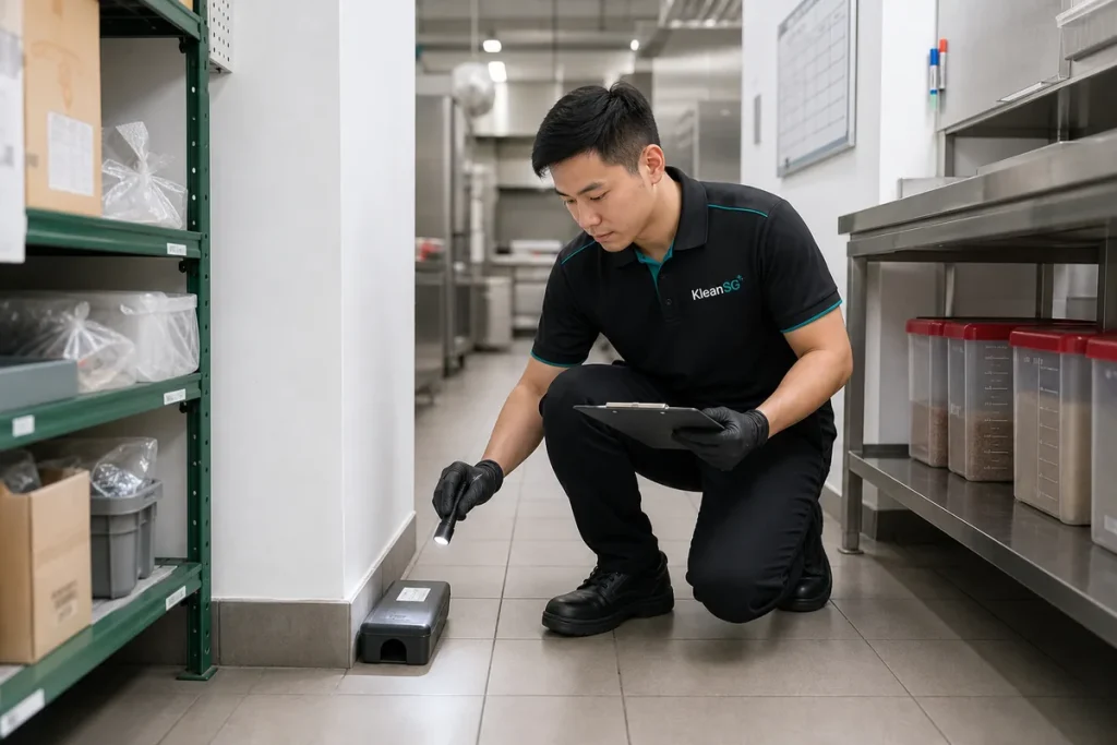 KleanSG staff checking pest monitoring points in a Singapore FNB food premises