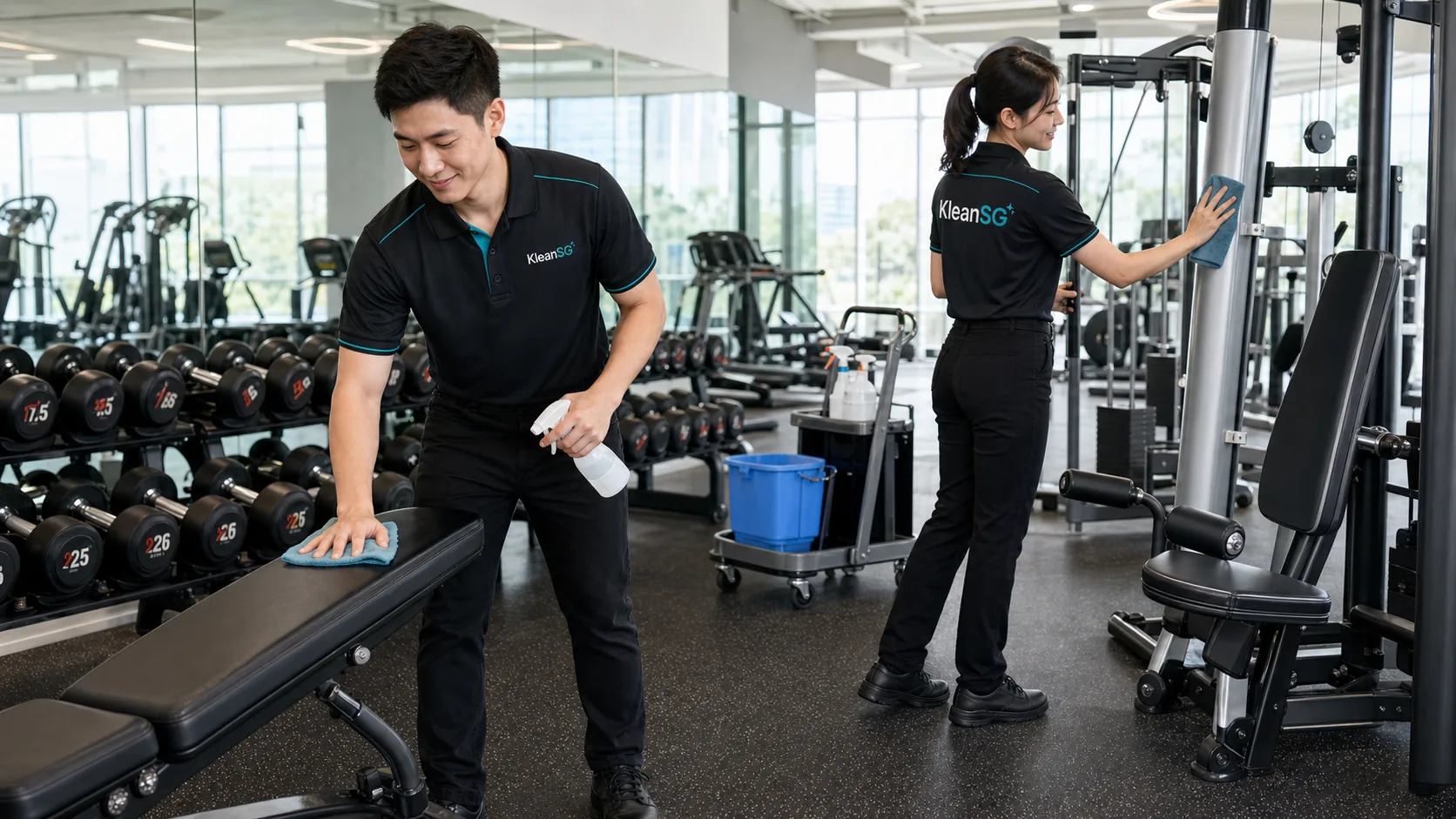 KleanSG cleaners wiping gym equipment and high-touch surfaces in a Singapore fitness centre