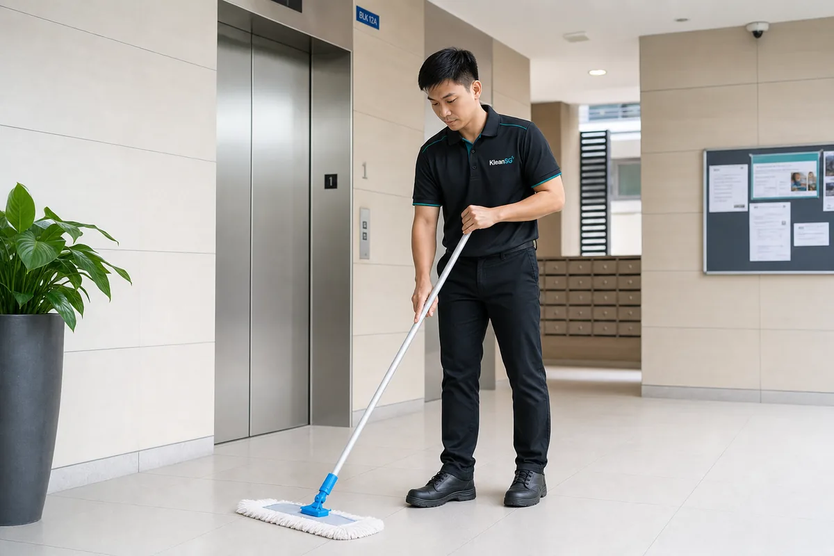 KleanSG cleaner mopping a condominium lift lobby during MCST cleaning in Singapore