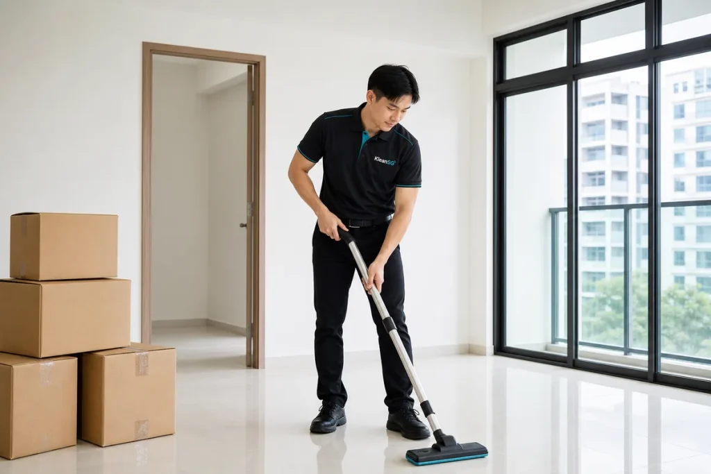 KleanSG cleaner cleaning the floor of an empty Singapore unit before handover