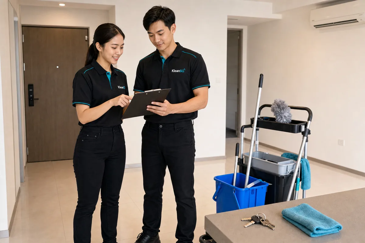 KleanSG cleaners reviewing a handover checklist for move-in move-out cleaning in Singapore