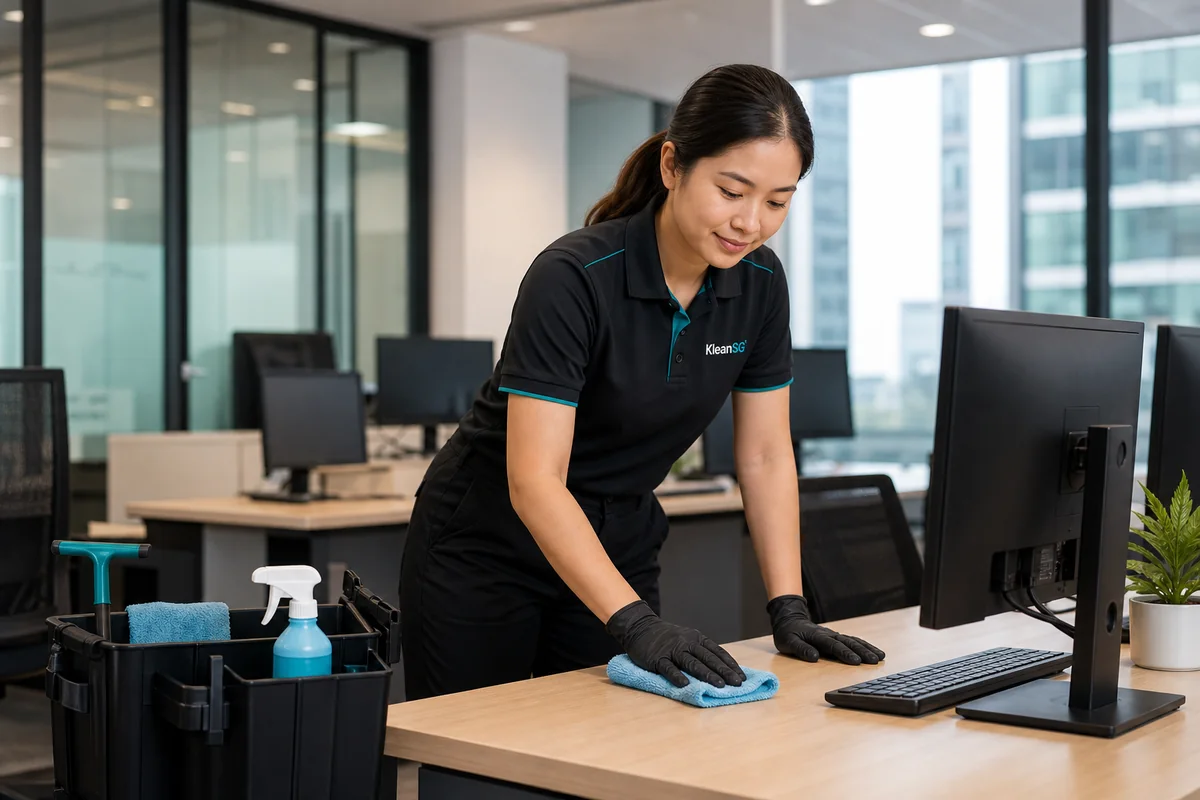 KleanSG cleaner wiping office desks and workstations during office cleaning in Singapore
