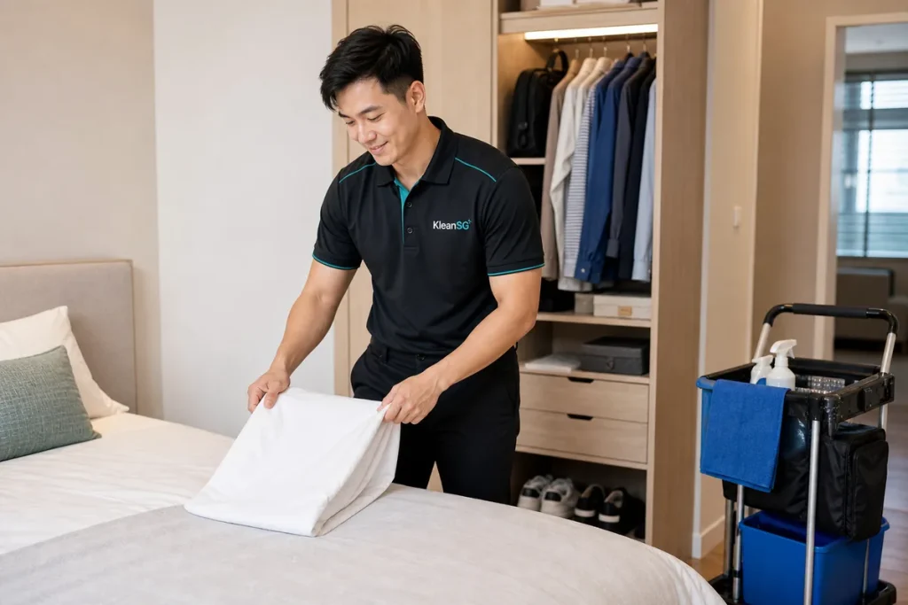KleanSG cleaner folding linens during part-time maid service in a Singapore home