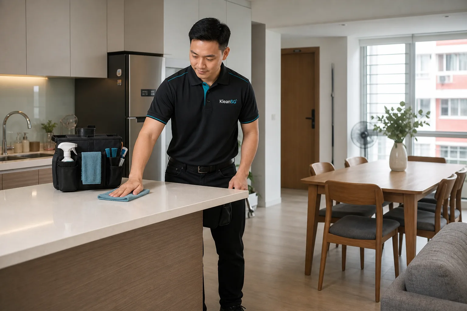 KleanSG cleaner carrying out part-time home upkeep in a Singapore flat