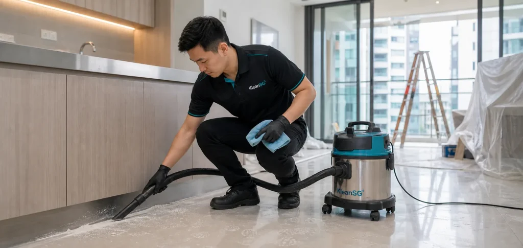 KleanSG cleaner removing fine renovation dust in a newly renovated Singapore home
