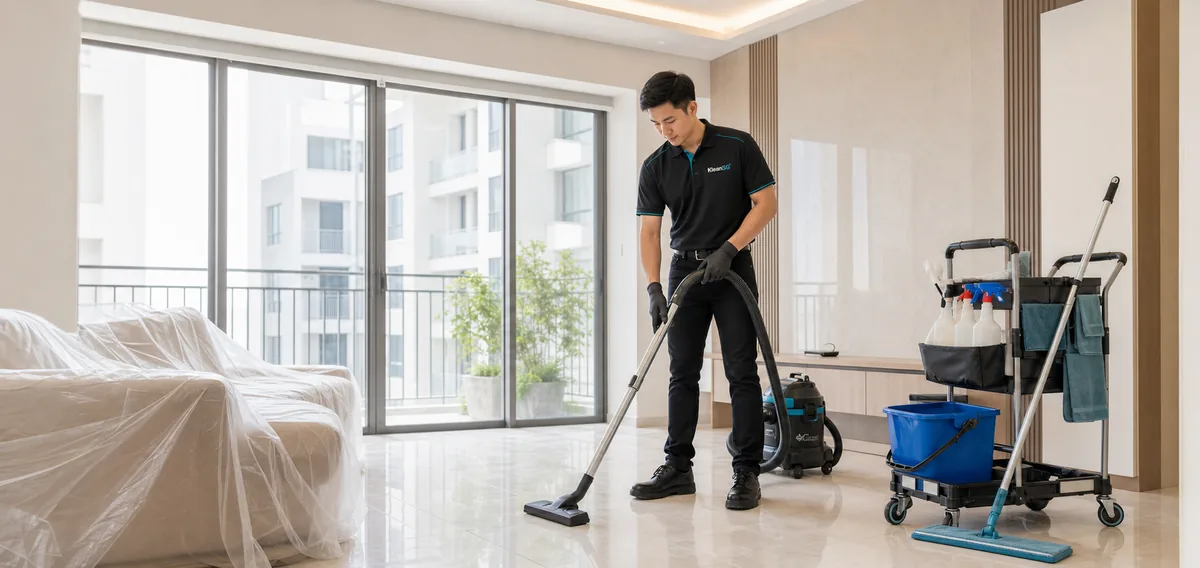 KleanSG post-renovation cleaning team vacuuming a newly renovated home
