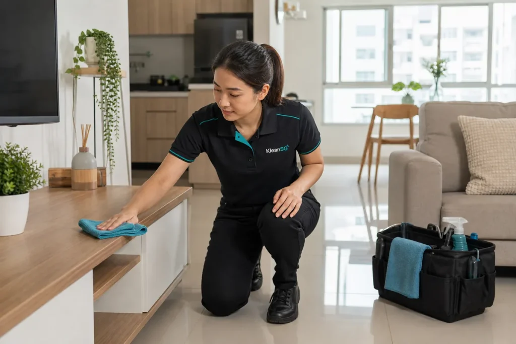 KleanSG cleaner dusting a living room cabinet during residential cleaning in Singapore