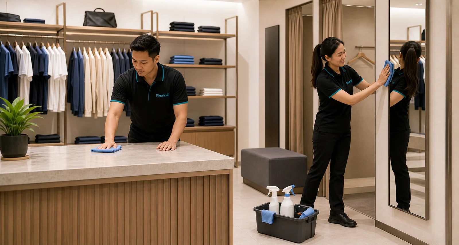 KleanSG cleaners wiping a retail fitting-room mirror and customer counter in Singapore