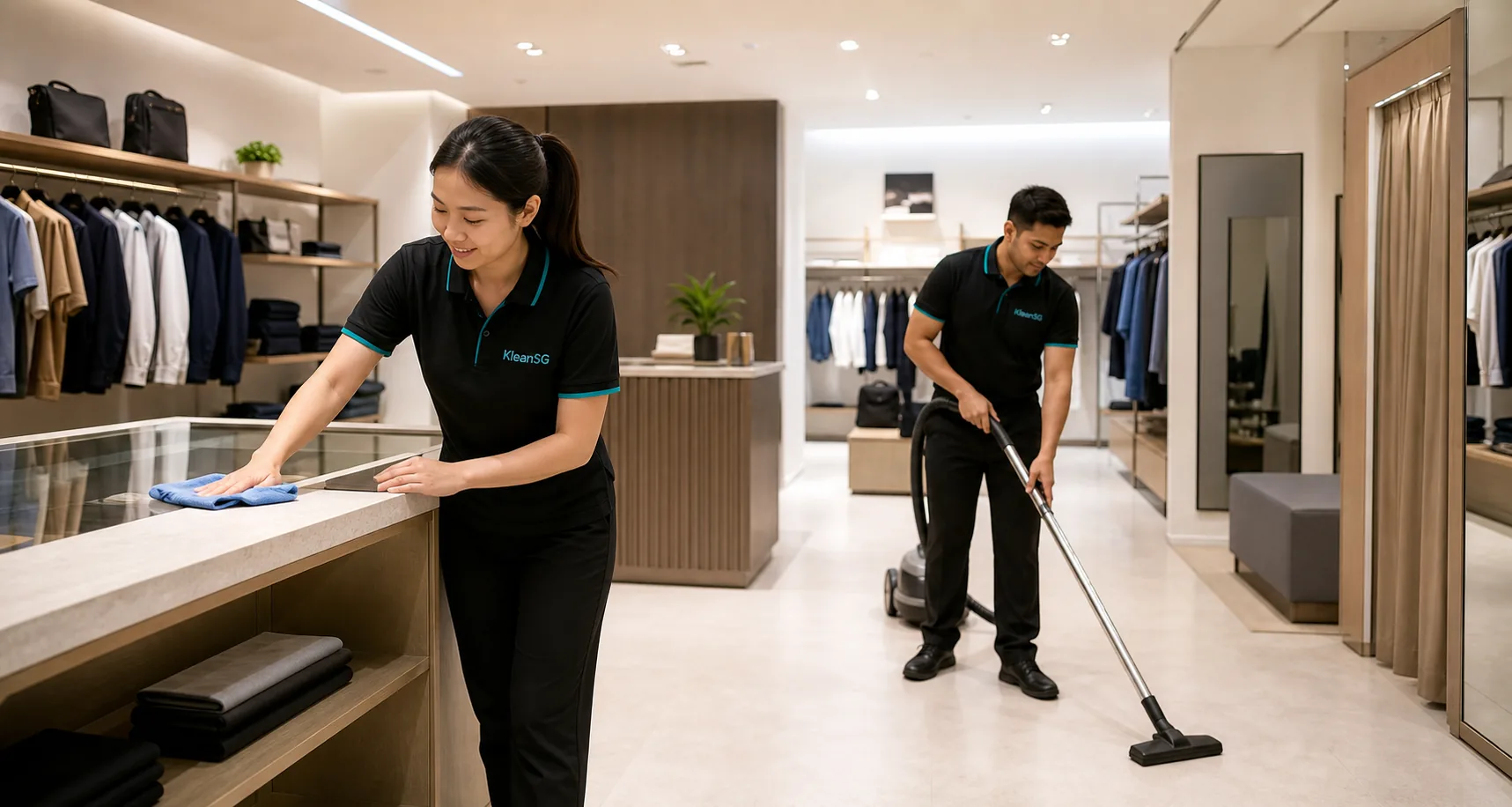 KleanSG cleaners preparing a retail shop for customers in Singapore