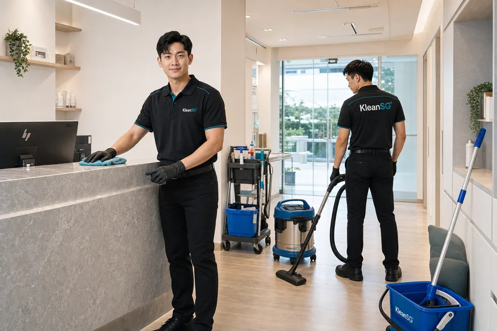 KleanSG team cleaning a small commercial space after renovation works